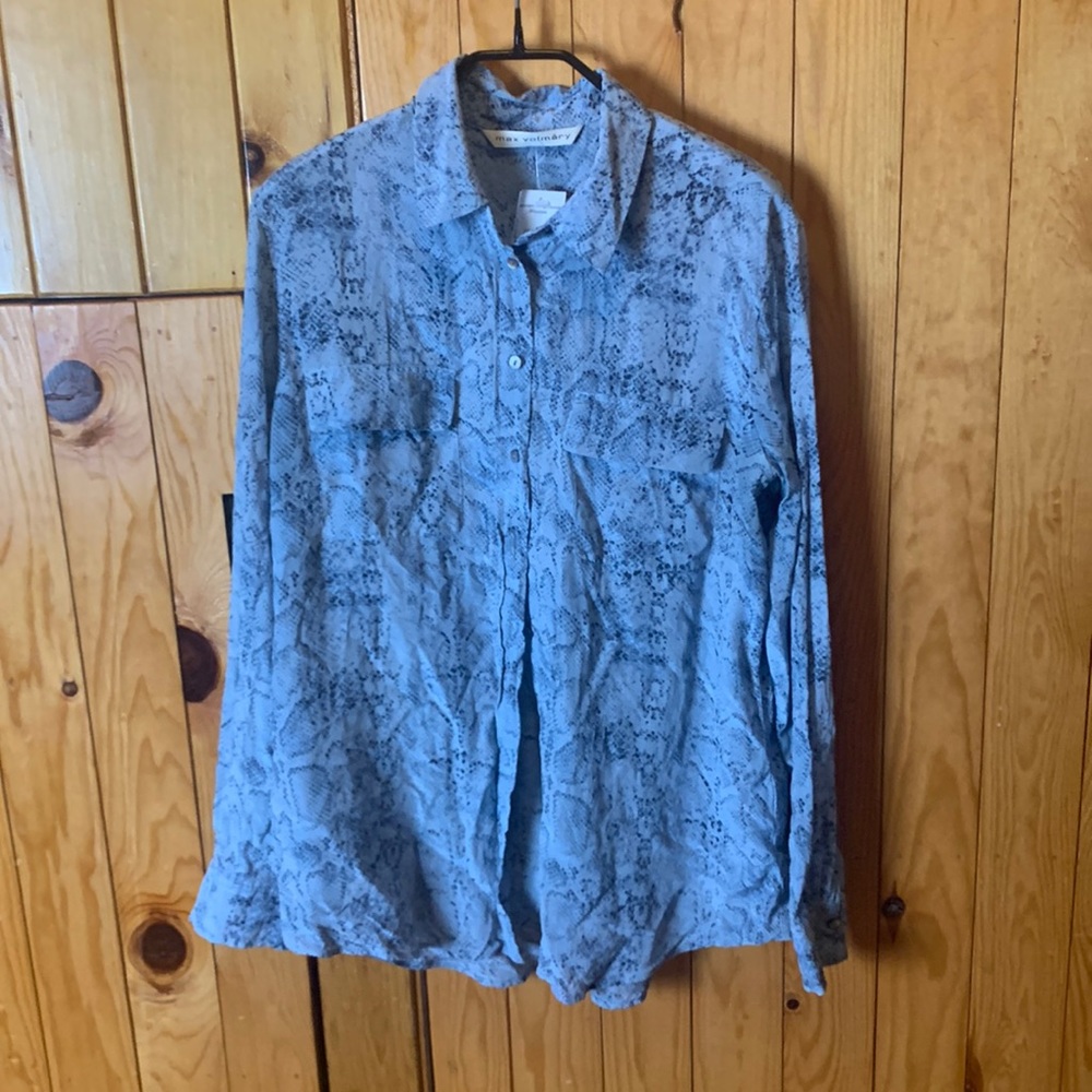 Max Volmary Blue Silk Snakeskin Pattern Blouse Size Small Made in Poland